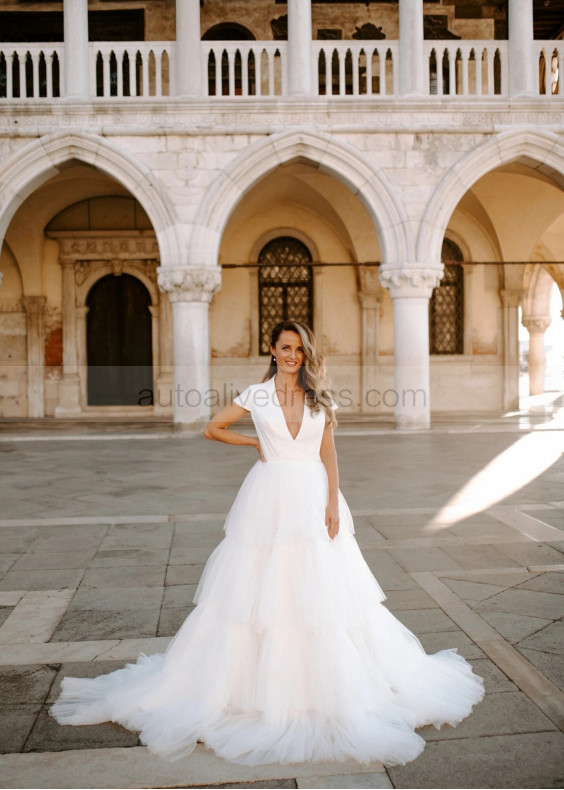 Cap Sleeves Ivory Satin Tulle Tiered Princess Wedding Dress